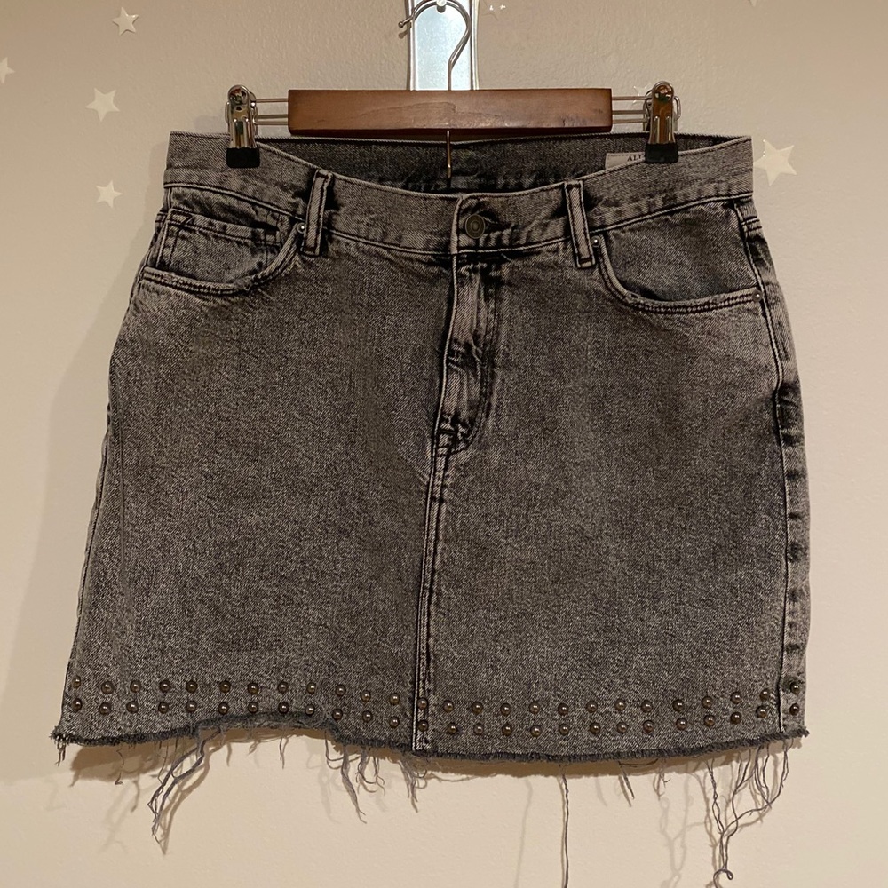 100% Cotton AllSaints Distressed Grey Studded Jean Mini skirt size 10 NYE Party